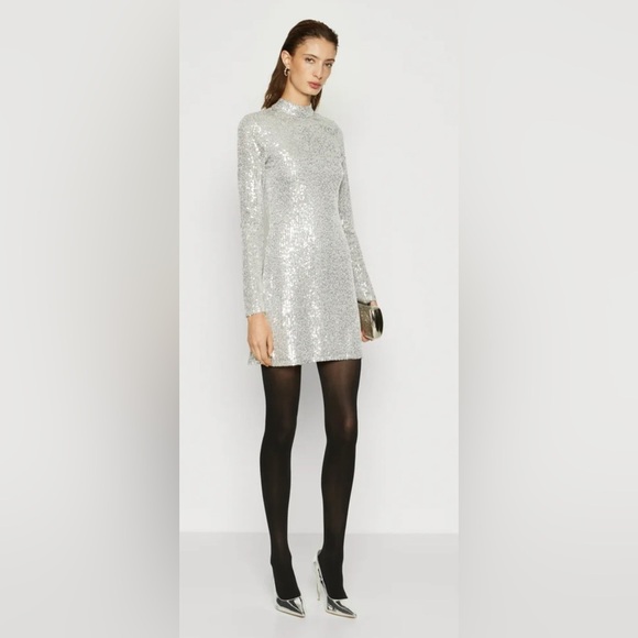 Abercrombie & Fitch Silver Sequin Long Sleeve Dress • MP • NWT - Picture 1 of 13